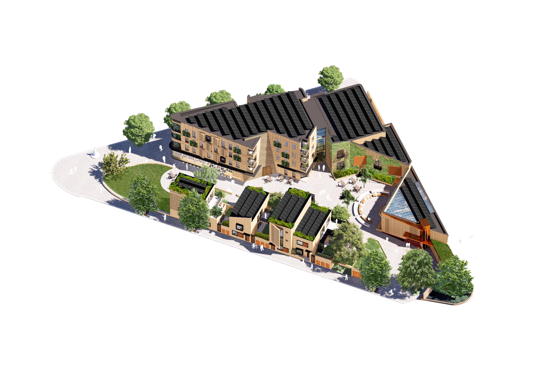 Axonometric bird's-eye view of The Precinct masterplan showing the housing blocks, cinema, café and clinic arranged around a pedestrian street and public lawn