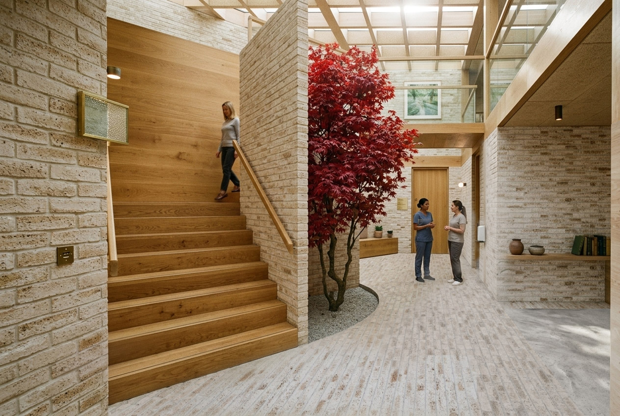 Render of the clinic's central atrium with timber stair, brick walls and a red Japanese maple in a planted courtyard