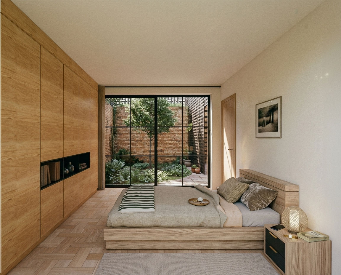 Render of a bedroom with built-in oak joinery looking out onto a planted private courtyard through full-height crittall glazing