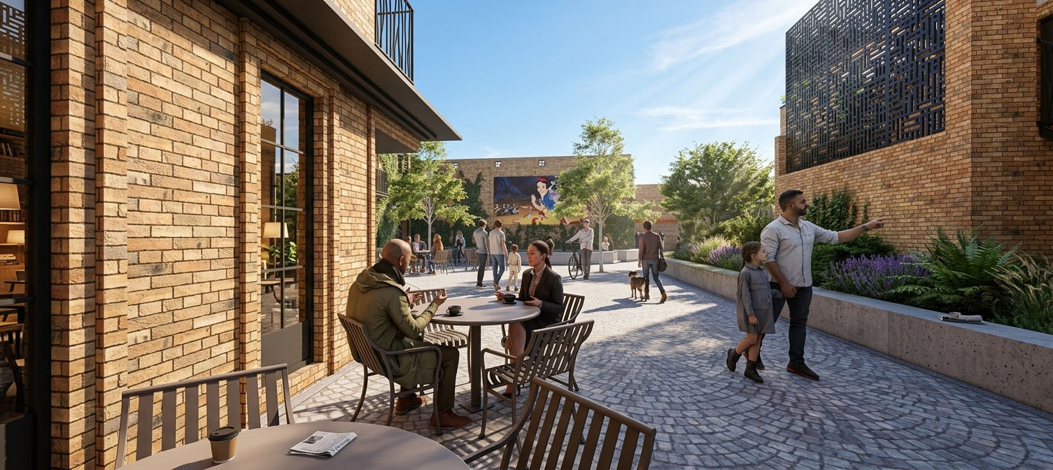 Render of an outdoor terrace looking towards The Precinct's outdoor cinema screen mounted on a brick wall