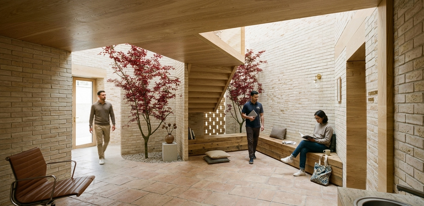 Render of the clinic's waiting area with brick walls, terracotta floor, built-in timber seating and planted courtyards