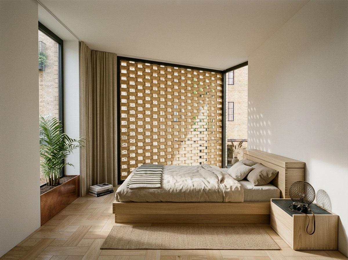 Render of a bedroom with parquet floor, linen bedding and a perforated brick screen filtering light through a corner window