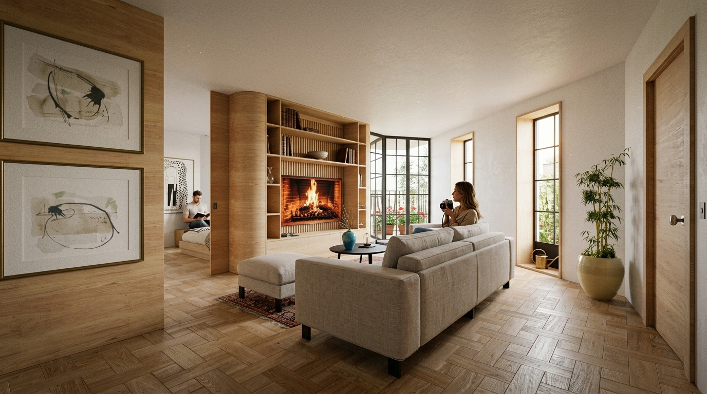 Render of an apartment living room with a working fireplace, oak shelving and herringbone parquet flooring