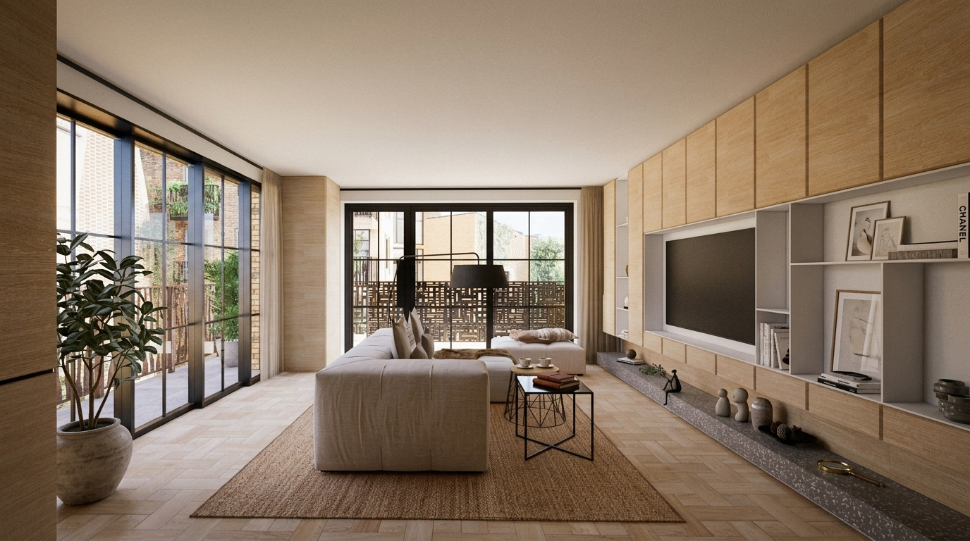 Render of a Precinct apartment living room with parquet floor, full-height crittall doors to a terrace and a long timber media wall